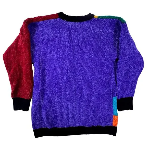 Vintage 90s Colorblock Chenille Sweater M 80s Abstract Art Retro Statement Knit - Picture 4 of 11